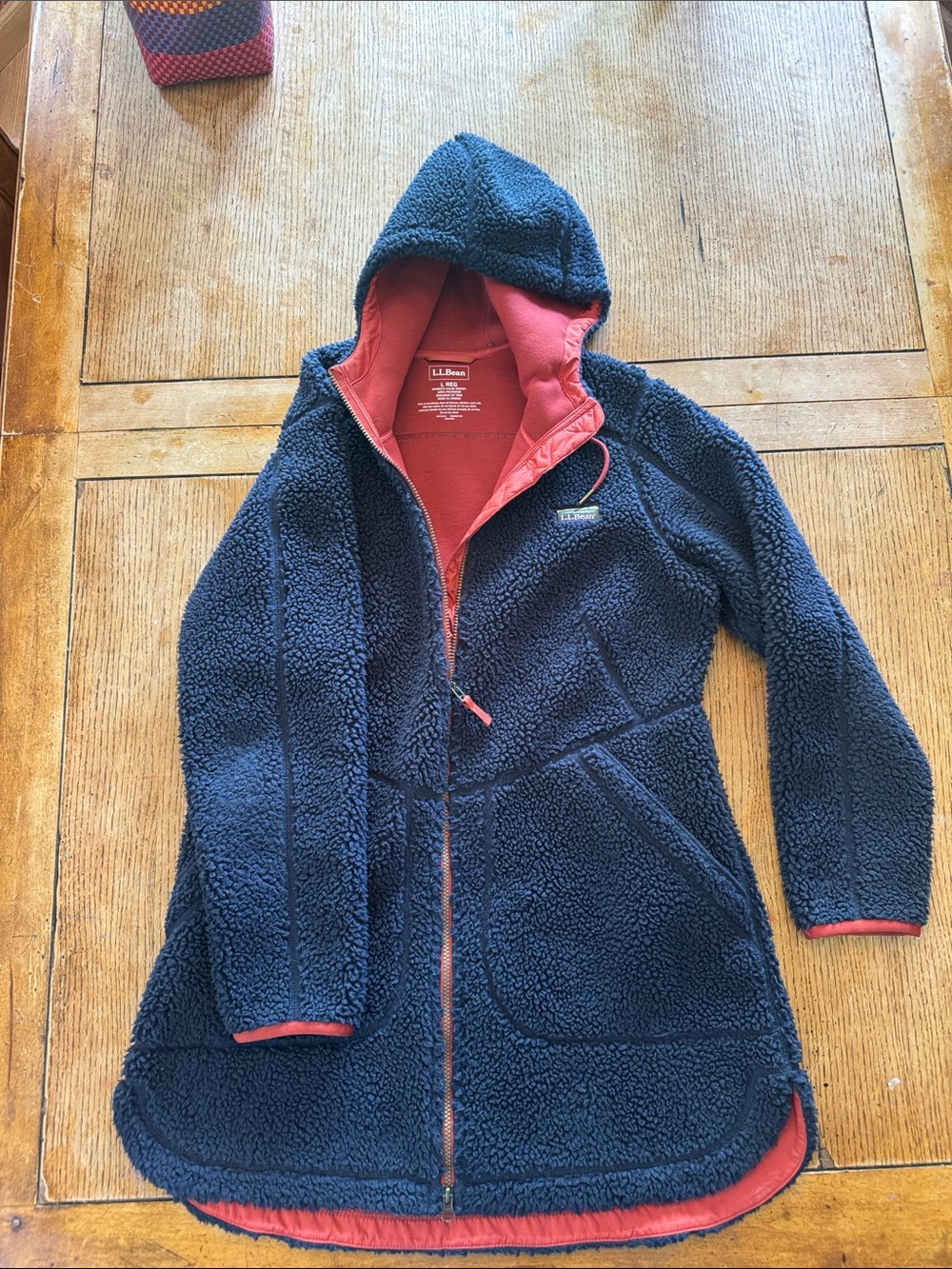 L.L. Bean Navy Sherpa Hooded Puffer Coat with Coral Lining